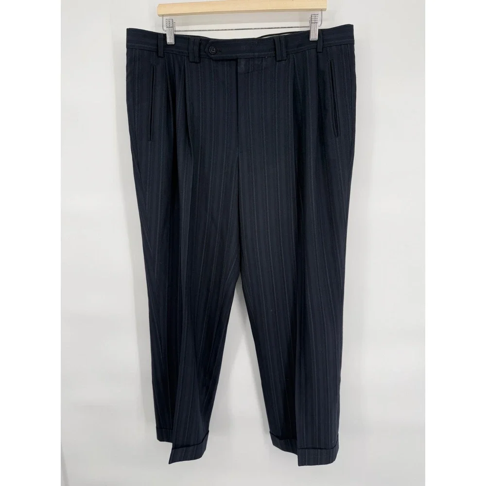 Cubavera Mens Pinstripe Suit Sz 44R‎ Navy Blue Green Lining Business